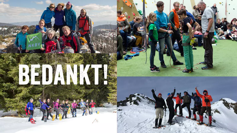 Een collage van vier foto’s toont mensen die in de sneeuw wandelen en binnen rotsklimmen. Linksboven poseert een groep bij een bordje van de NKBV. Linksonder staat in grote letters „BEDANKT!”. De andere foto’s tonen groepsactiviteiten in besneeuwde bergen en klimhallen.